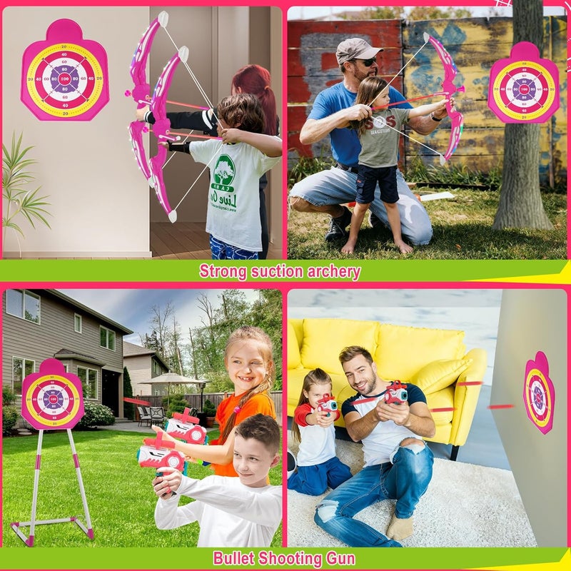 TWFRIC 2 Pack Bow and Arrow for Kids Sports and Outdoor Play Toys Archery Set with LED Light Up 16 Arrows 1 Standing Target 2 Quiver Indoor Outdoors Toy for Age 3-12 Year Old Boy Girl Gift (Pink) - Image 4